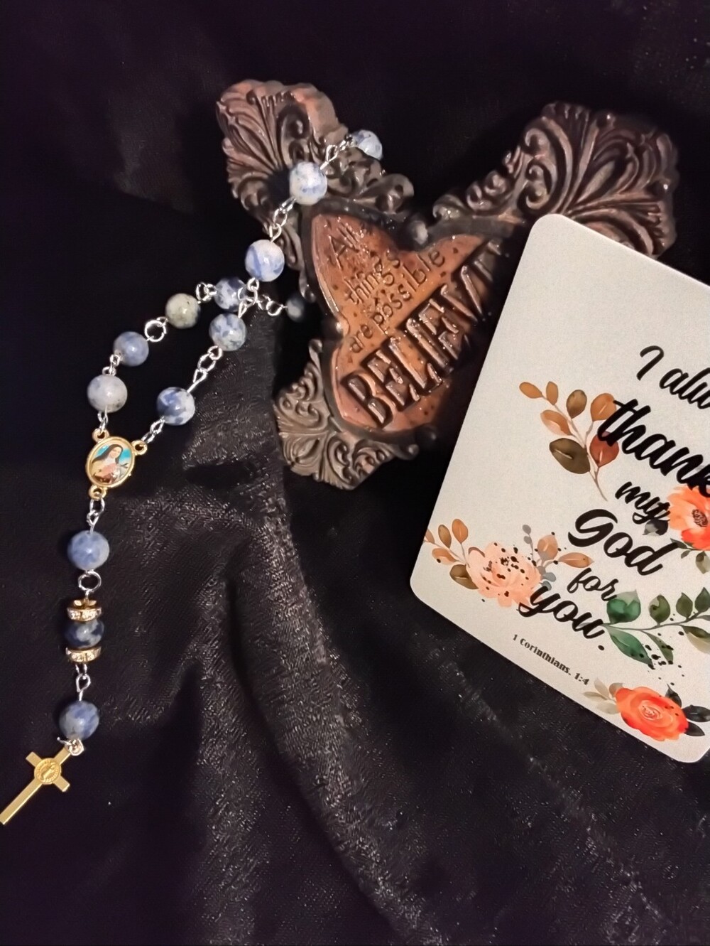 Blue Beaded Rosary Necklace with Gold Cross